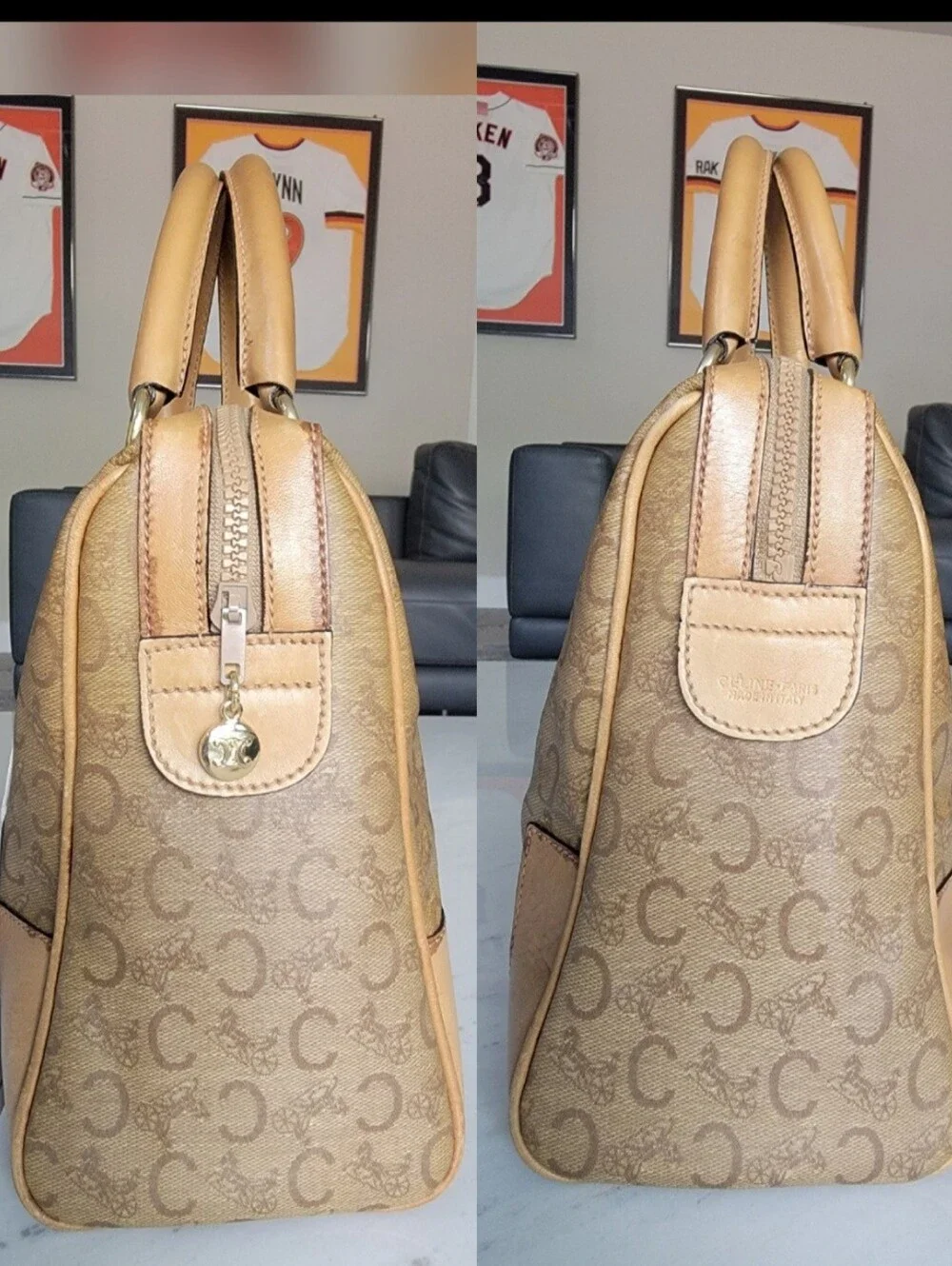CELINE C Sulky Boston Bag Brown Tan Vintage Coated Canvas Leather